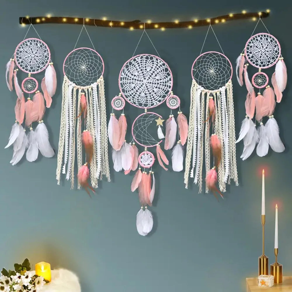 Set of 5 Bohemian Macrame Dream Catchers for Home Decor - Wall Hangings for Moon and Ramadan Themed Nurseries